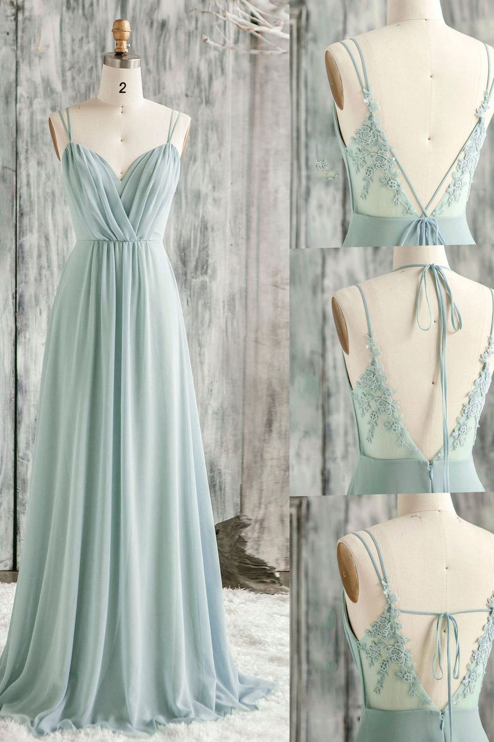 Simple green v neck chiffon lace long prom dress lace bridesmaid dress