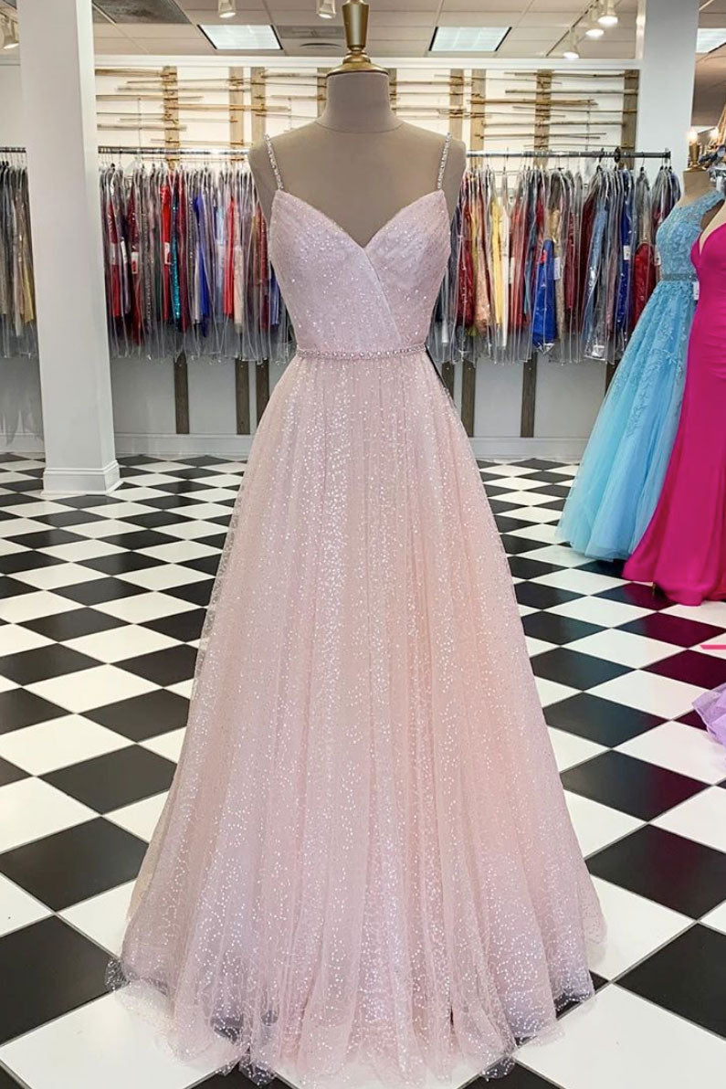 Pink v neck tulle sequin long prom dress pink tulle formal dress