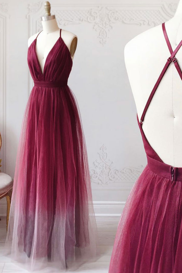 Simple v neck burgundy tulle long prom dress burgundy evening dress