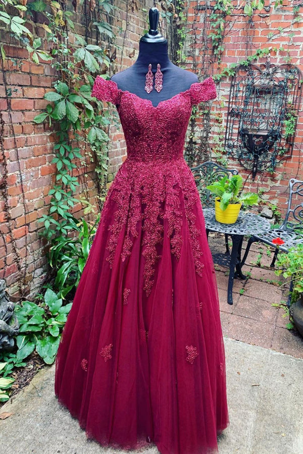 Burgundy off shoulder lace tulle long prom dress burgundy evening dress