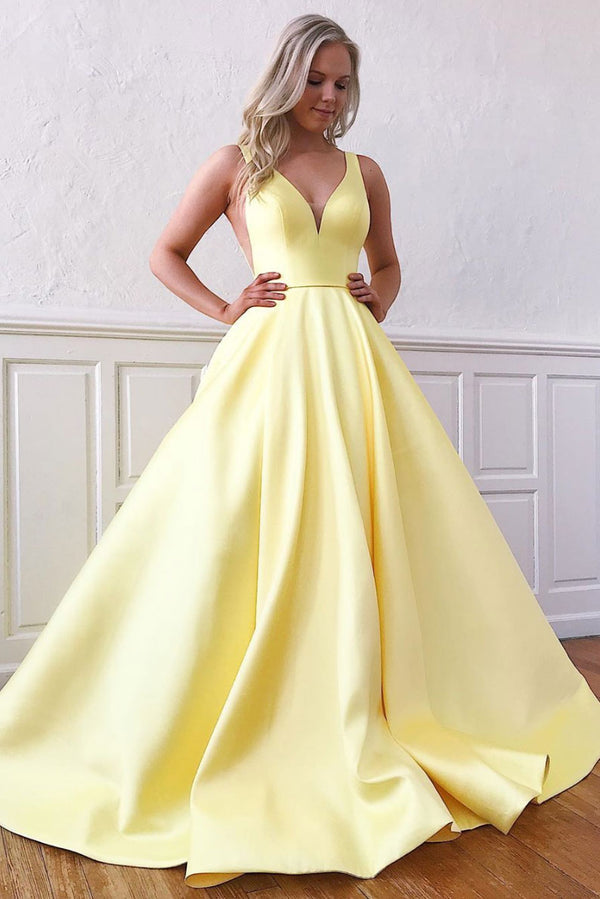 Simple yellow v neck satin long prom dress yellow formal dress