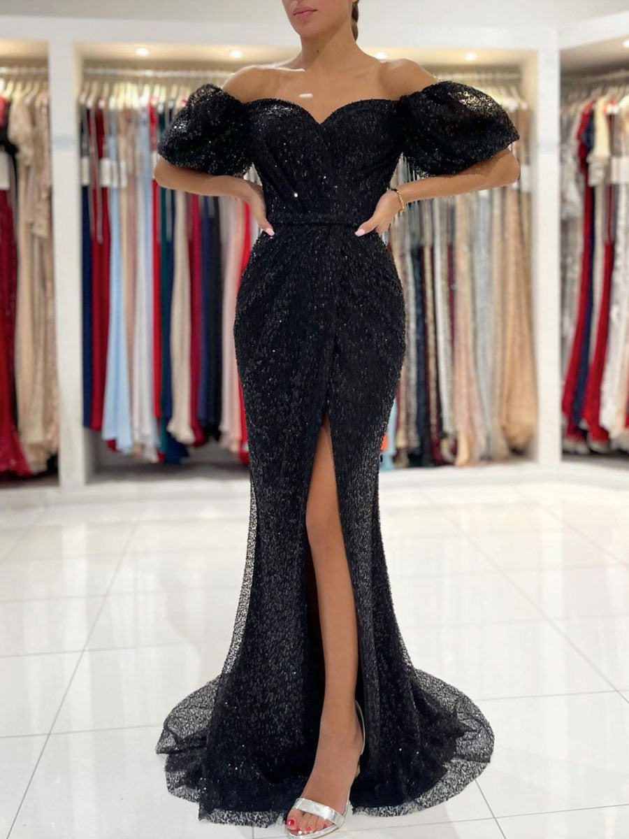 Black off shoulder sequin long prom dress, black evening dress