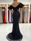 Black off shoulder sequin long prom dress, black evening dress