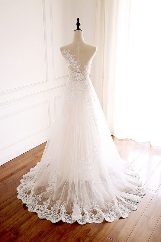 White round neck tulle lace long prom dress white tulle wedding dress