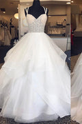 White sweetheart tulle sequin beads long prom gown tulle evening dress