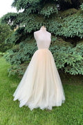 Light champagne tulle long prom dress champagne formal dress