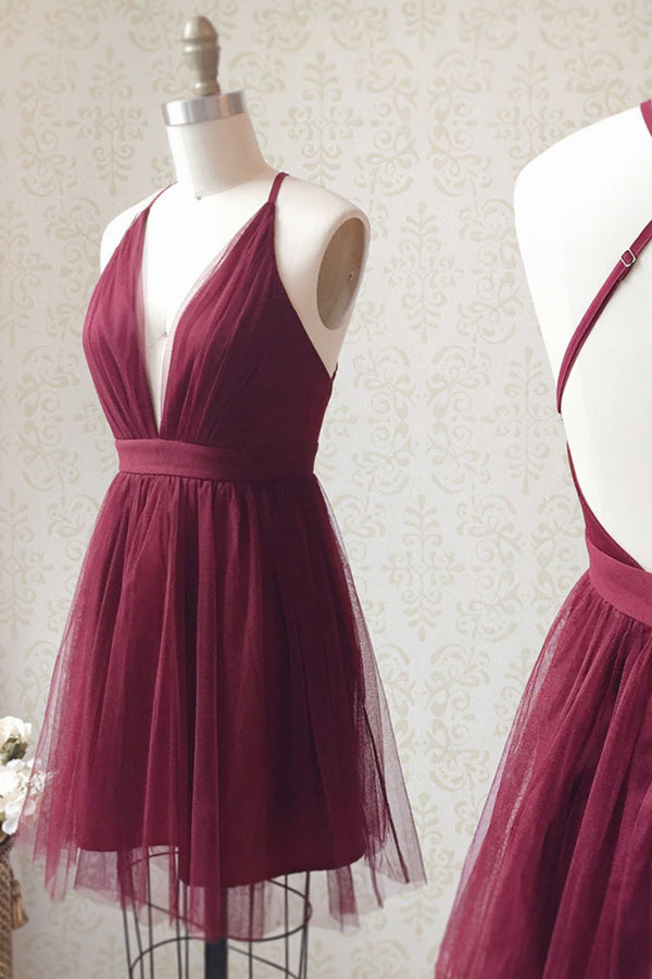 Simple v neck tulle short prom dress burgundy homecoming dress
