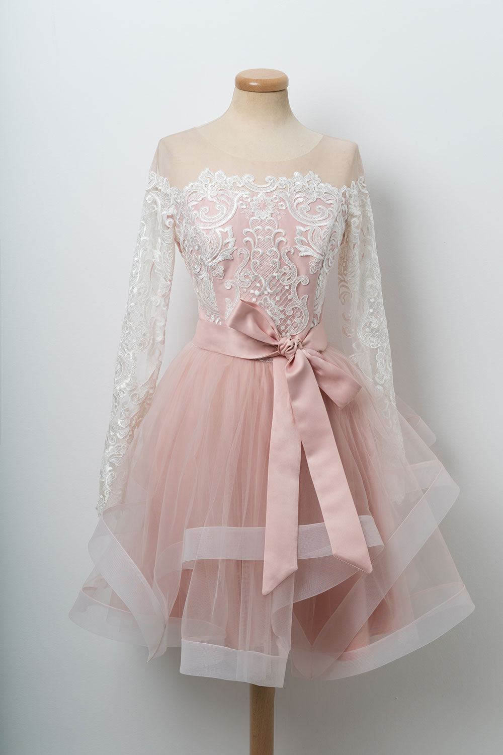 Pink round neck tulle lace short prom dress, pink homecoming dress