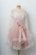 Pink round neck tulle lace short prom dress, pink homecoming dress