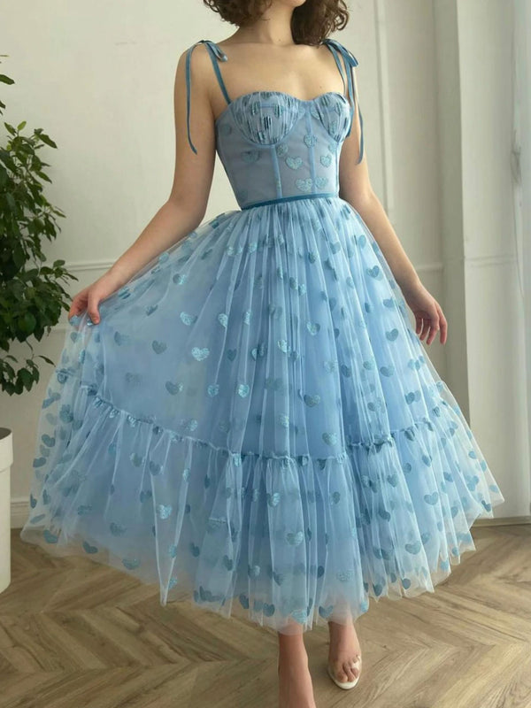 Blue sweetheart neck tulle prom dress, blue tulle formal dress