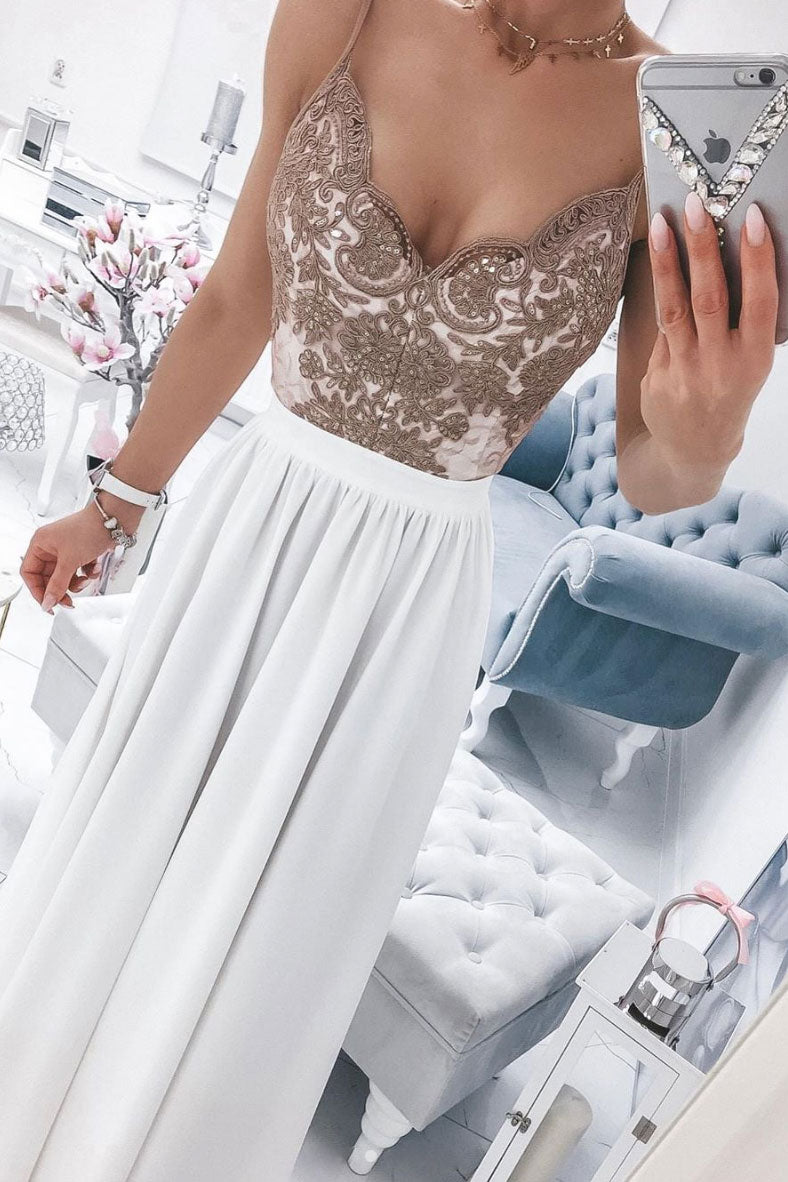 White sweetheart lace chiffon long prom dress white formal dress