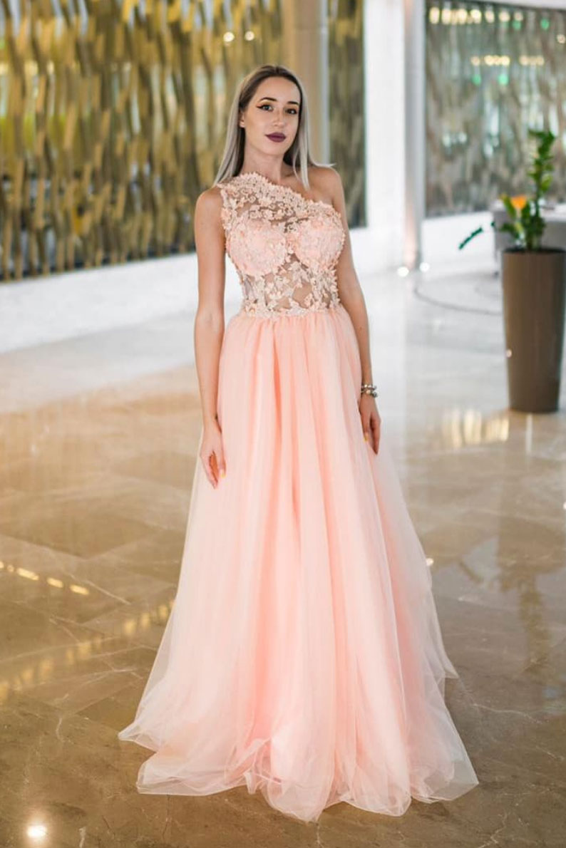 Pink one lace tulle long prom dress pink evening dress