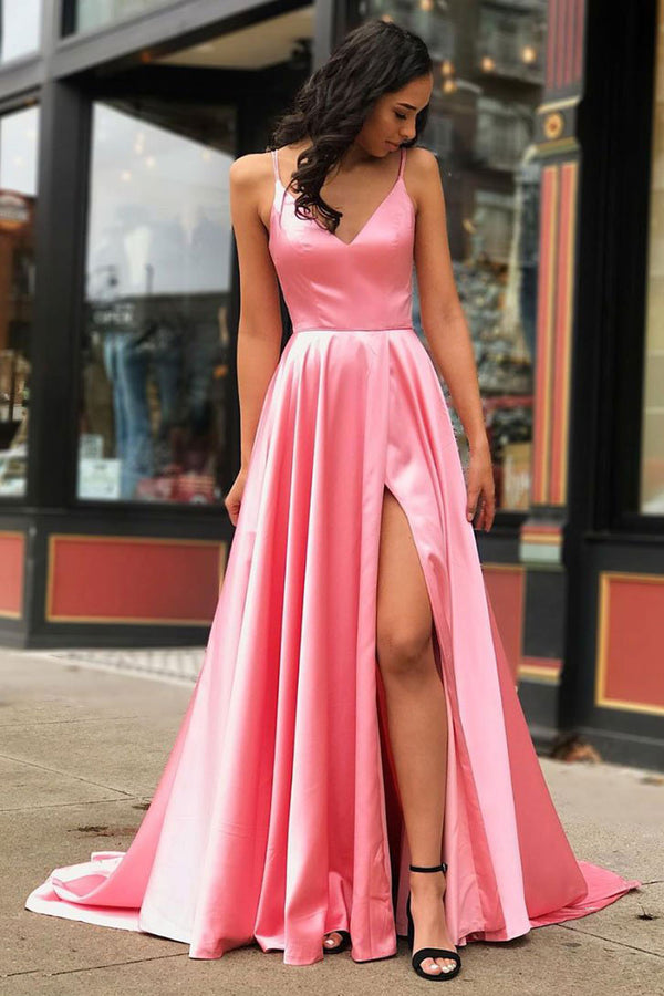 Pink v neck satin long prom dress pink evening dress