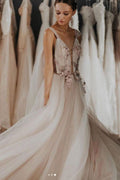 Unique v neck tulle lace long light purple prom dress tulle lace formal dress