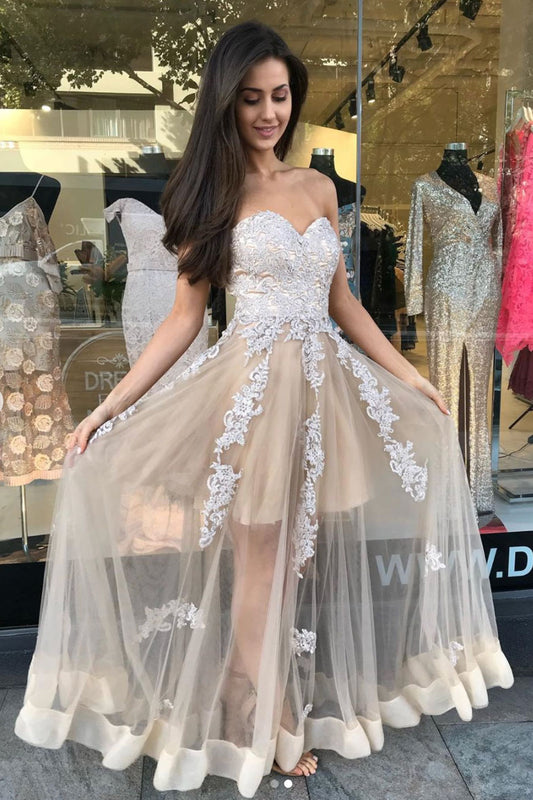 champagne sweetheart tulle lace long prom dress, lace formal dress