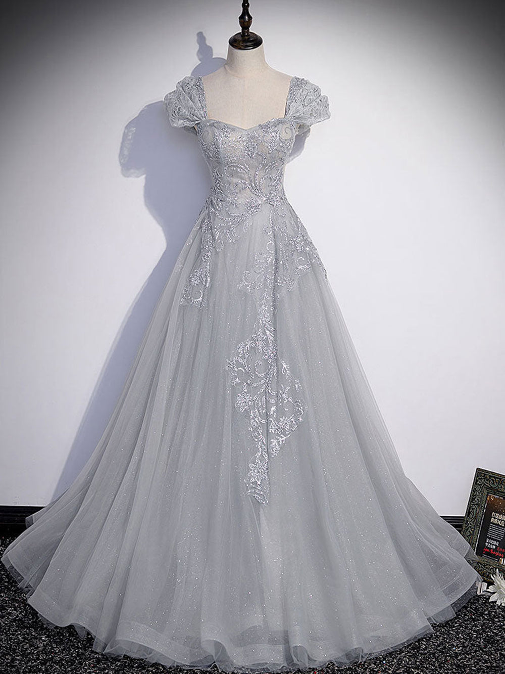 A-Line Gray Tulle Sequin Long Prom Dress, Gray Formal Evening Dress