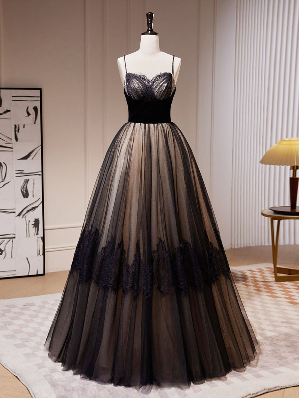 Black A-Line Lace Tulle Long Prom Dresses, Black Lace Formal Evening Dresses