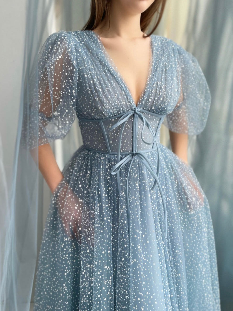 Aline Tea Length Gray Blue Prom Dress, Gray Blue Formal Wedding Party Dress