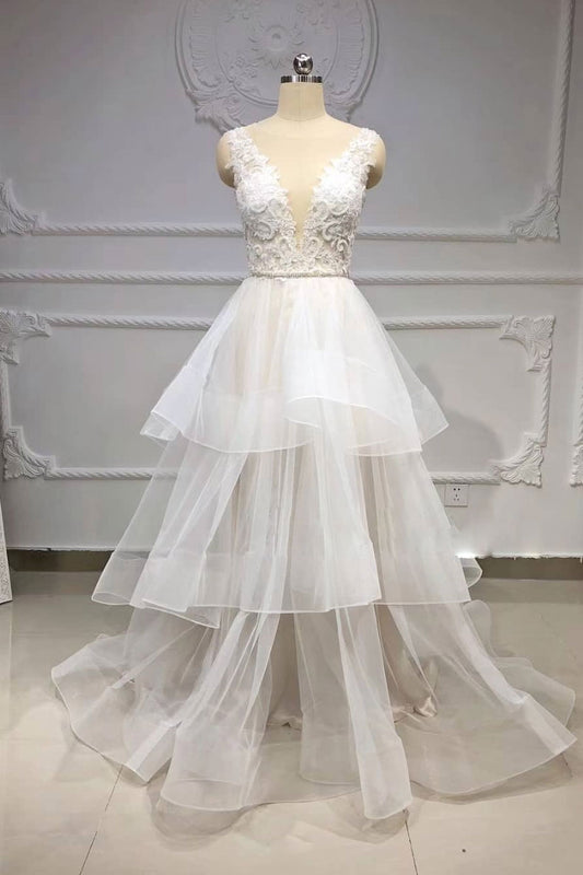 White tulle lace long prom dress, white tulle evening dress