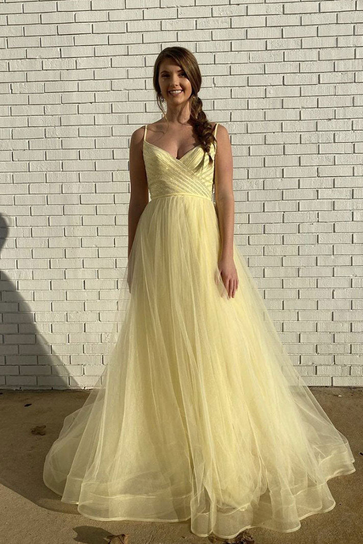 Yellow sweetheart tulle long prom dress yellow evening dress