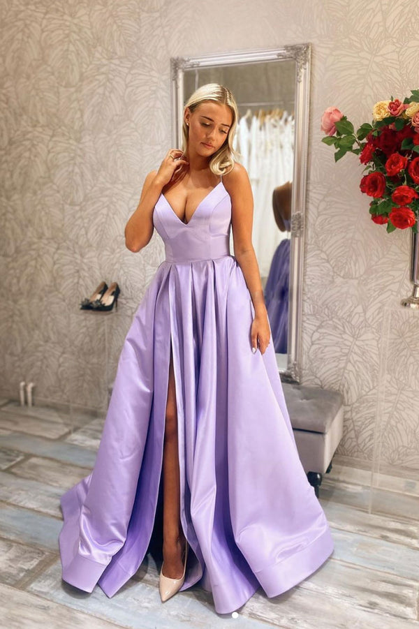 Simple v neck purple satin long prom dress purple evening dress