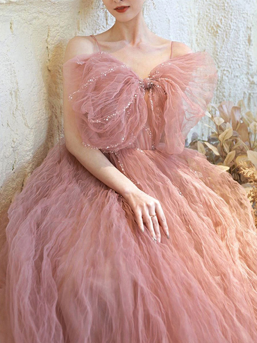 Pink tulle sequin long prom dress, pink tulle formal dress