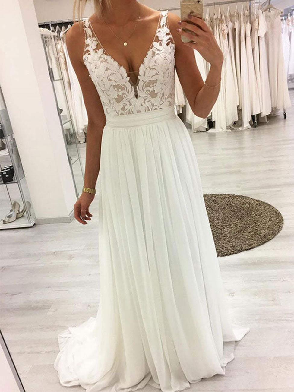 A Line V Neck White Long Prom Dress, Chiffon White Lace Bridesmaid Dress