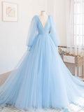 Blue v neck tulle long prom dress, blue tulle evening dress