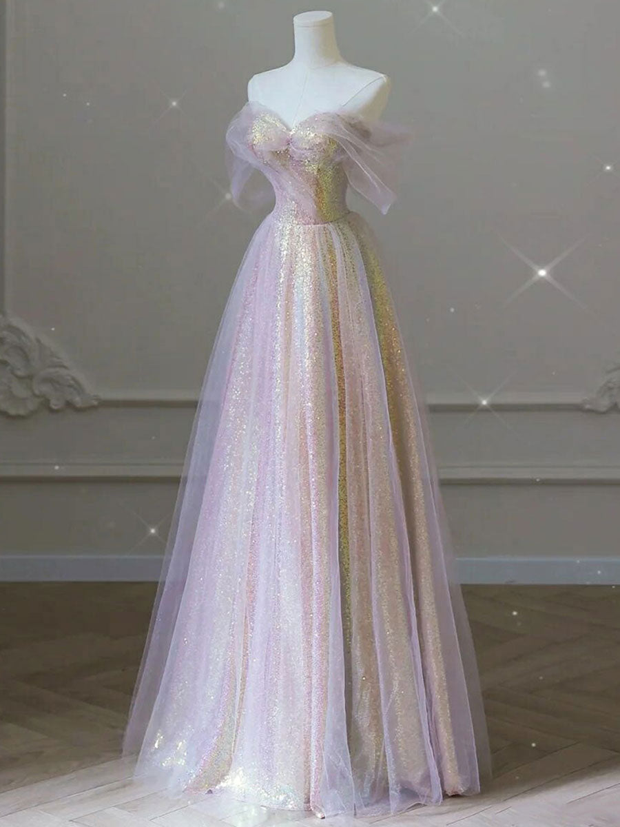 Pink A-Line Tulle Sequin Long Prom Dresses, Pink Formal Graduation Dre dresstby Pink A-Line Tulle Sequin Long Prom Dresses, Pink Formal Graduation Dre dresstby