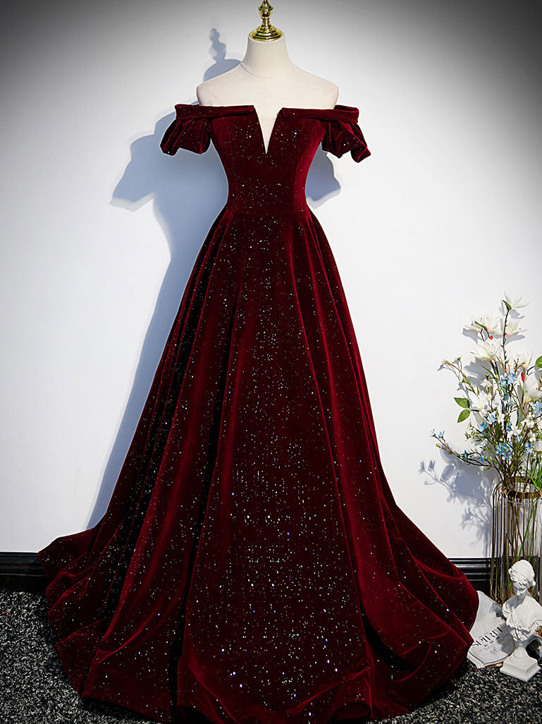 Black A-line Off Shoulder Velvet Long Prom Dress, Velvet Formal Evenin