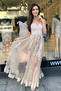 champagne sweetheart tulle lace long prom dress, lace formal dress