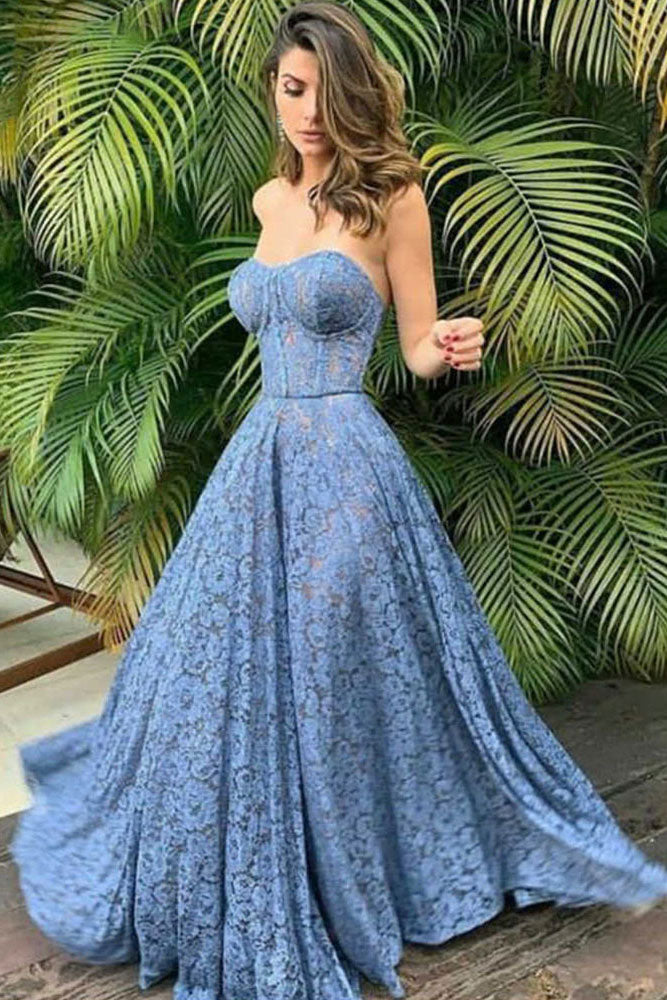 Blue sweetheart lace long prom dress blue lace bridesmaid dress