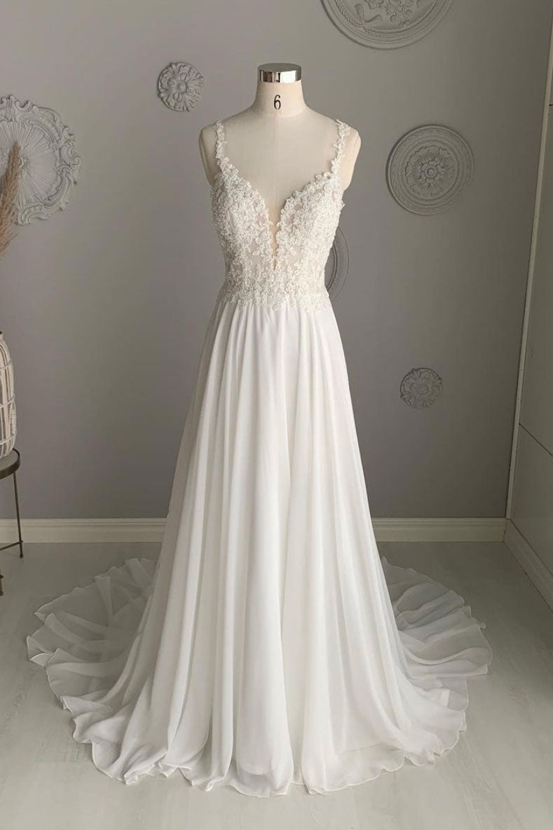 White v neck chiffon lace long prom dress white lace formal dress