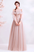 Pink round neck tulle lace long prom dress tulle lace evening dress