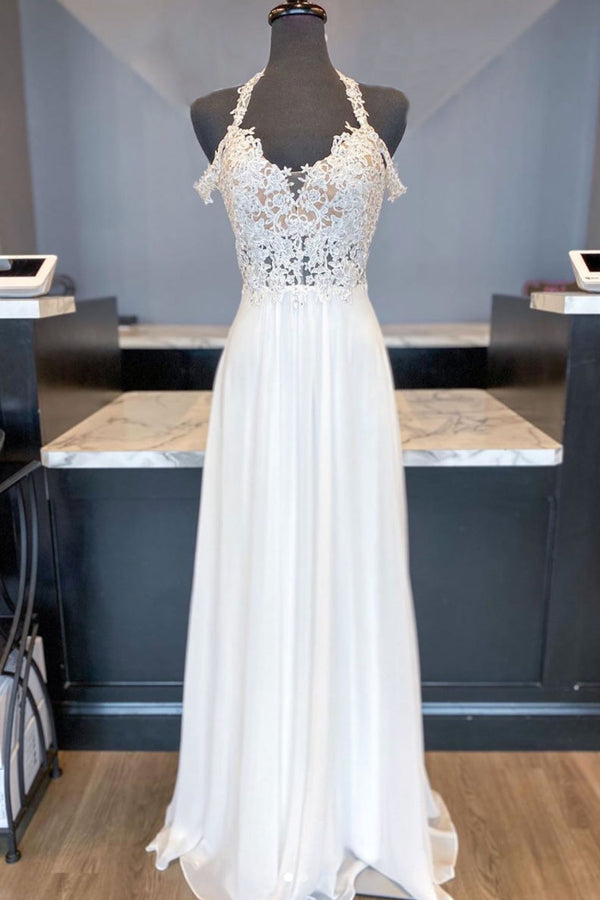 White sweetheart chiffon lace long prom dress white bridesmaid dress