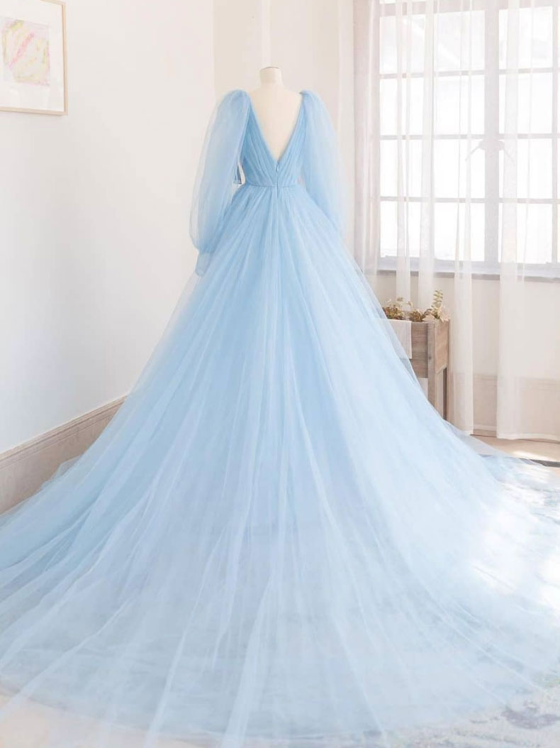 Blue v neck tulle long prom dress, blue tulle evening dress