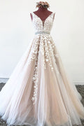 Champagne tulle lace v neck long prom dress tulle formal dress