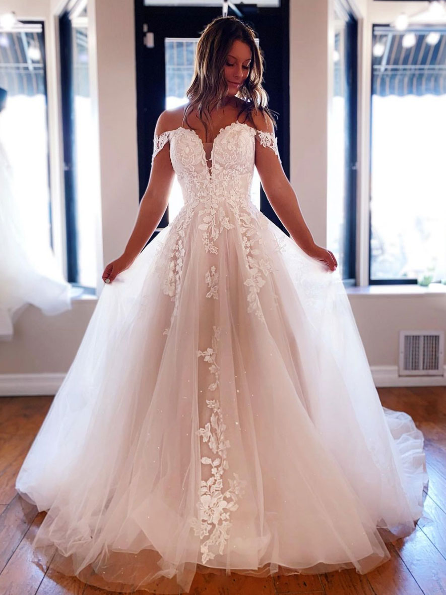 Light champagne off shoulder lace long prom dress, lace formal dress
