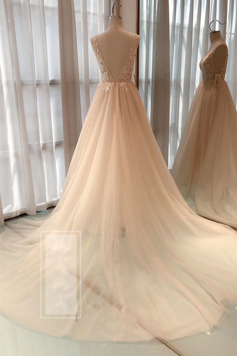 Champagne A-line v neck tulle long prom dress tulle formal dress dresstby Champagne A-line v neck tulle long prom dress tulle formal dress dresstby