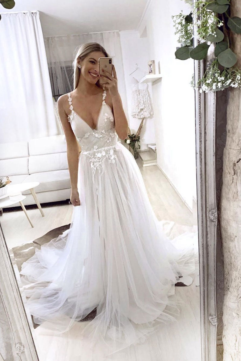 White v neck tulle lace long prom dress white formal dress