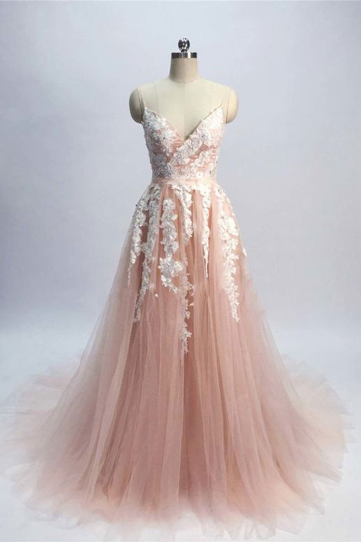 Pink tulle lace long prom dress, tulle formal dress