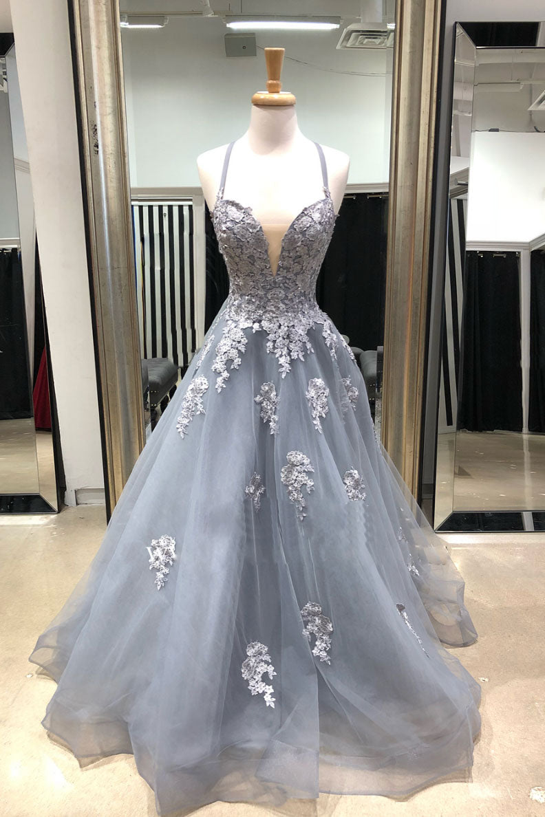 Gray tulle lace long prom dress, gray lace tulle evening dress