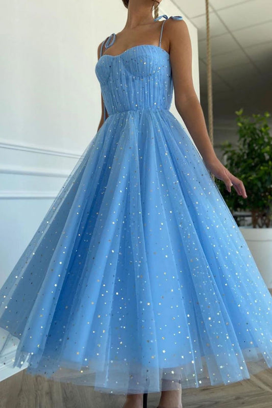 Blue sweetheart tulle tea length prom dress blue tulle formal dress