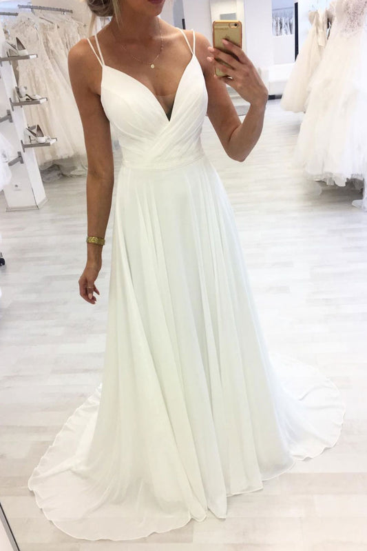 Simple white chiffon long prom dress white bridesmaid dress