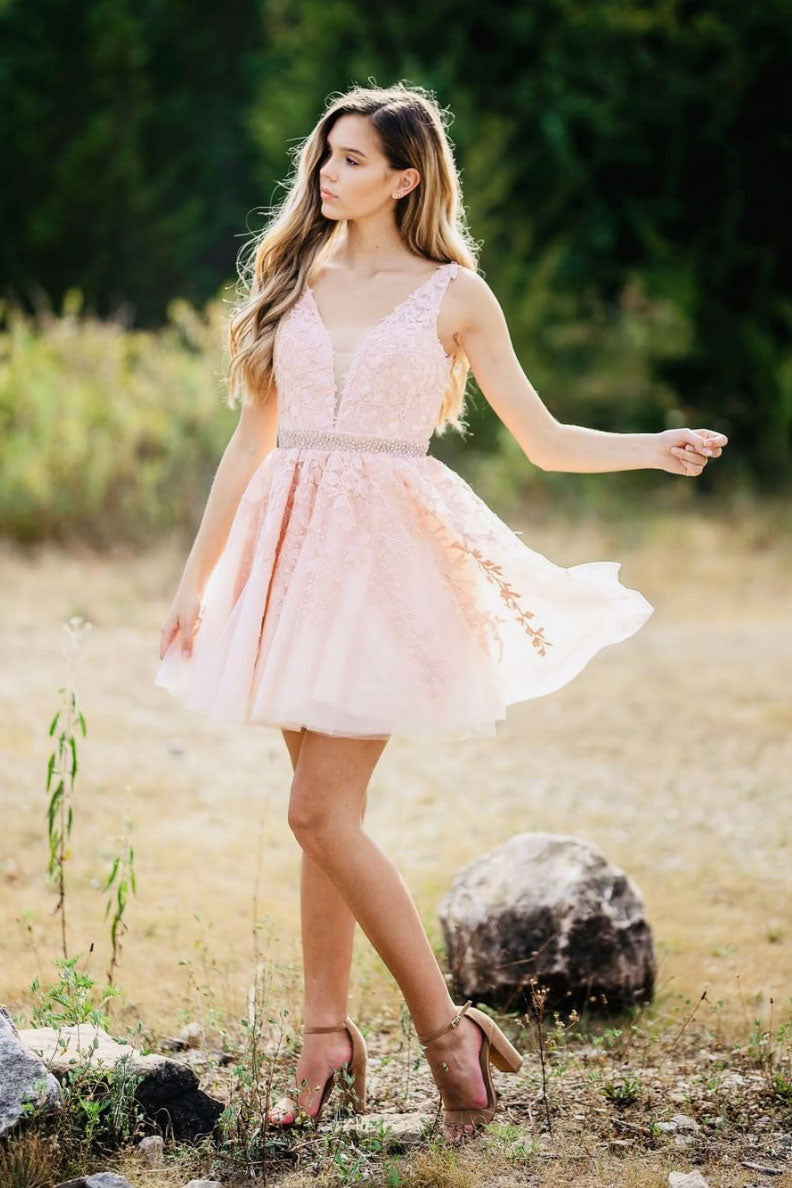 Pink v neck tulle lace short prom dress pink lace homecoming dress