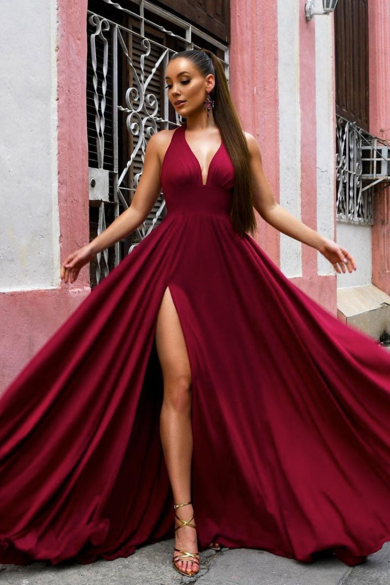 Simple burgundy v neck long prom dress burgundy evening dress