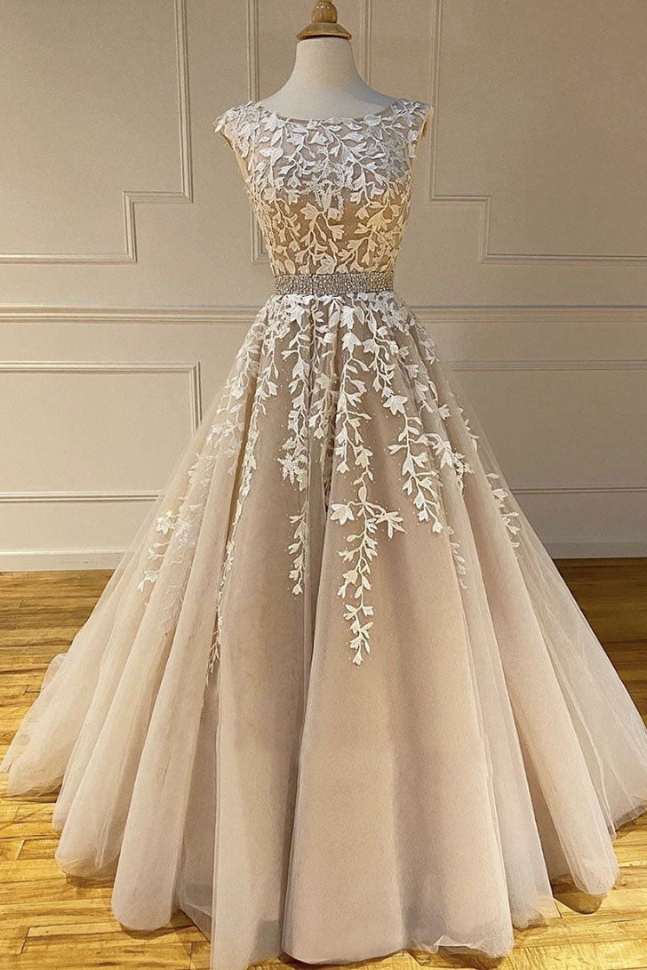 Champagne round neck tulle lace long prom dress lace formal dress