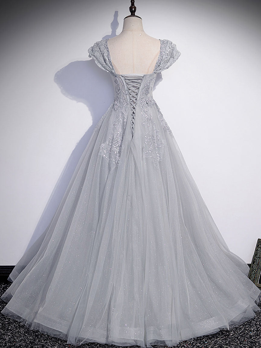 A-Line Gray Tulle Sequin Long Prom Dress, Gray Formal Evening Dress