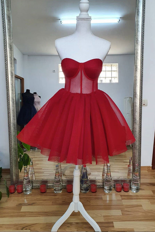 Red sweetheart tulle short prom dress red homecoming dress