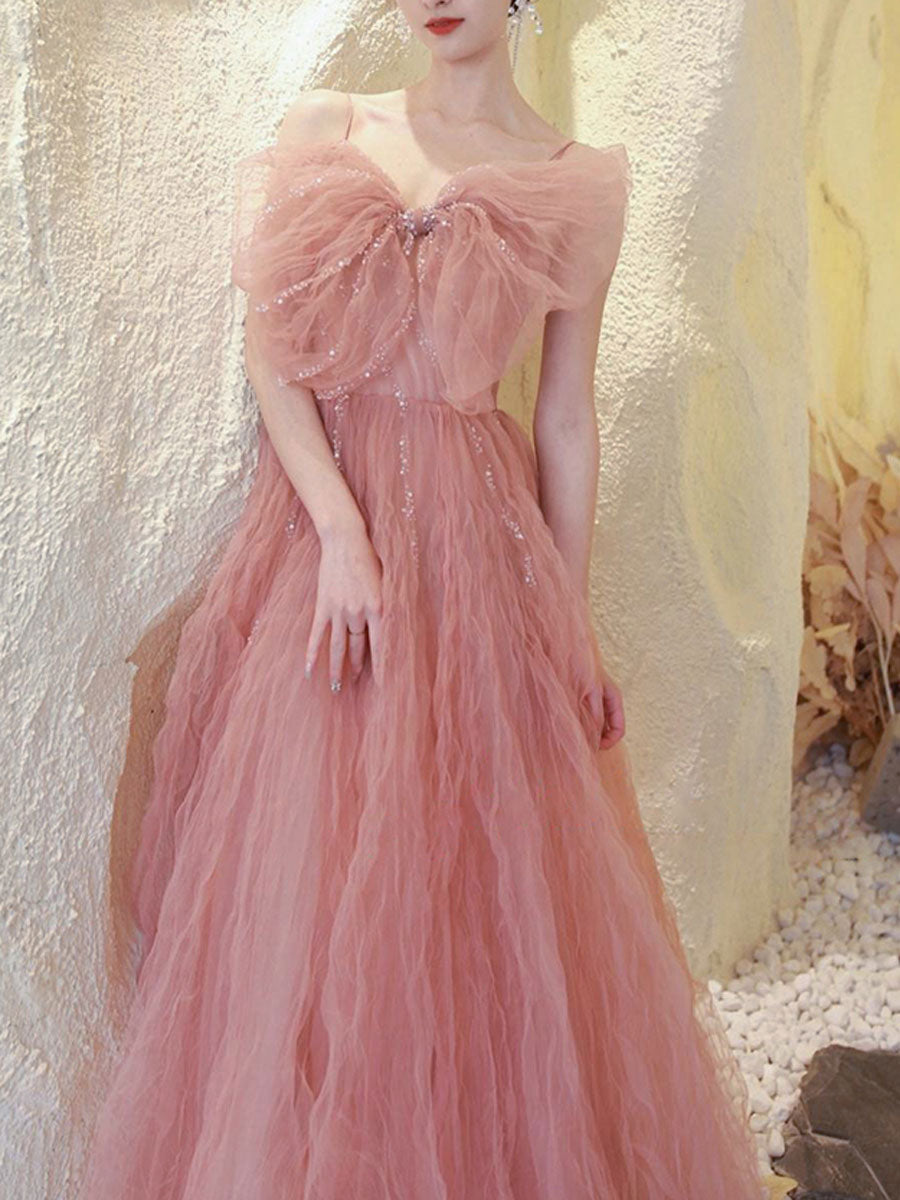 Pink tulle sequin long prom dress, pink tulle formal dress
